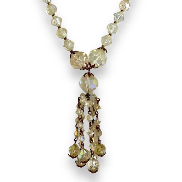 Aurora Borealis Glass Crystal Bead Necklace Long Necklace Tassel Gold Tone 50s - Picture 11 of 16